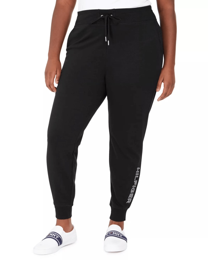 Front of a model wearing a size 10S Tommy Hilfiger Women's Sport Logo Joggers Black 10S in Black by Tommy Hilfiger. | dia_product_style_image_id:308297